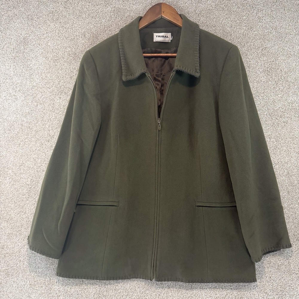 Tribal Green Soft Jacket Sz 16 Full Zip Nice Fall Coat Wool Cashmere Blend